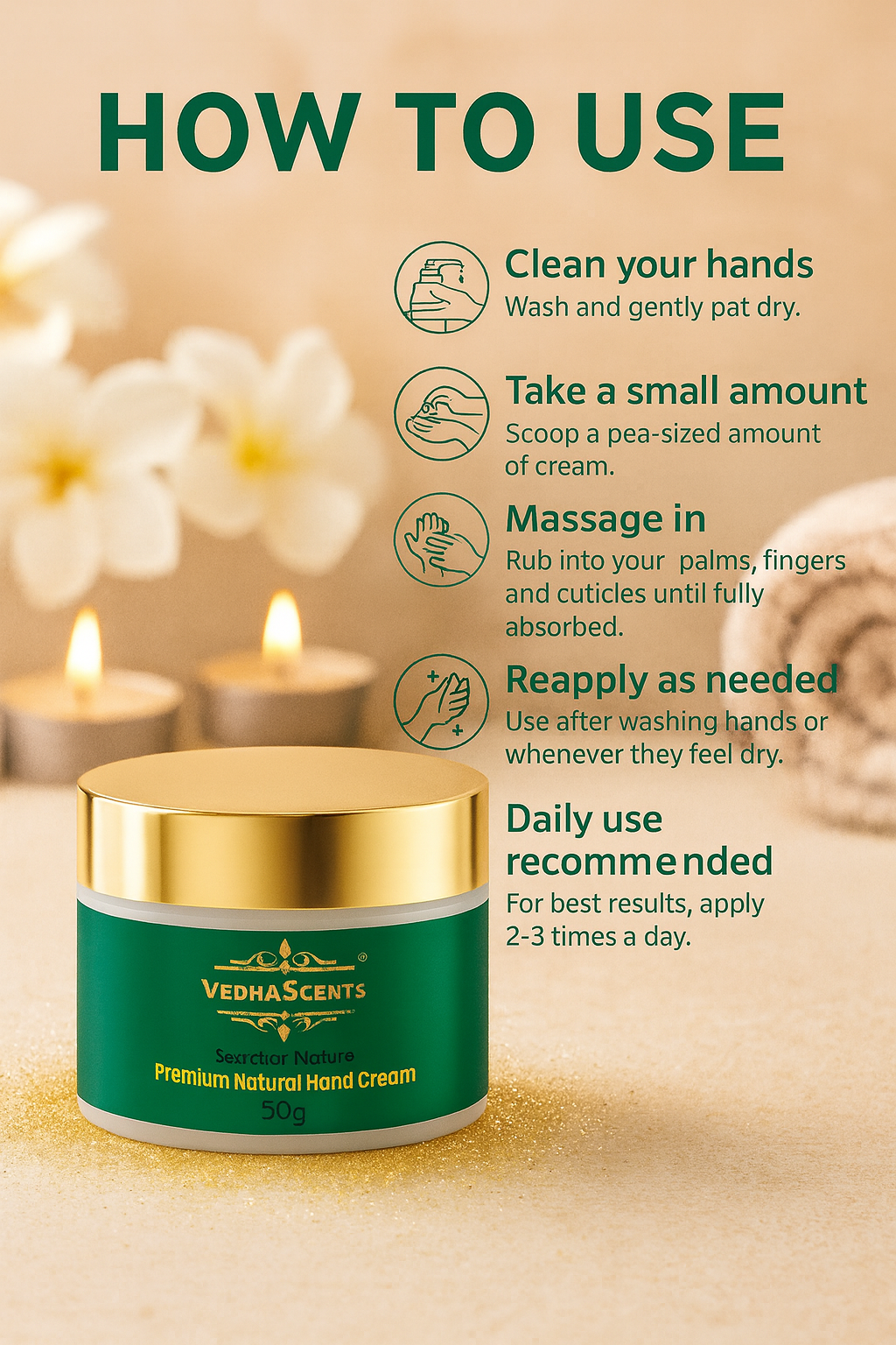 VedhaScents Premium Natural Hand Cream for Dry, Rough, Cracked Hands | Deep Moisturizing, Anti-Aging, Non-Greasy, Herbal Ayurvedic Formula with Essential Oils | Hand Softening & Repair Cream for Women & Men – 50g